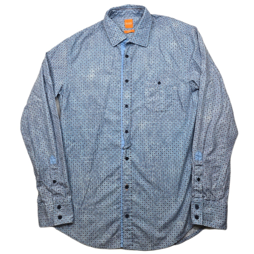 Hugo Boss Slim Fit Geometric Print Shirt Mens Large Blue Long Sleeve Button Down